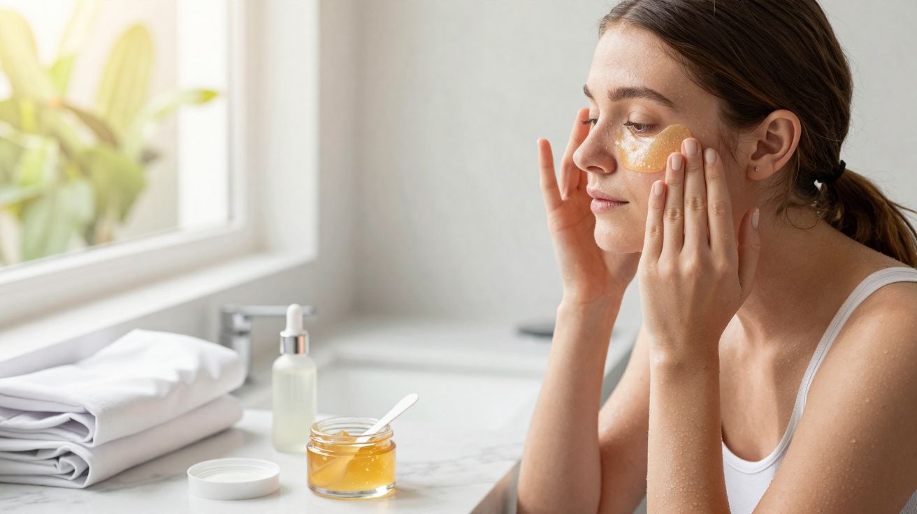 Mulher aplicando máscara facial de mel embaixo dos olhos em banheiro iluminado.