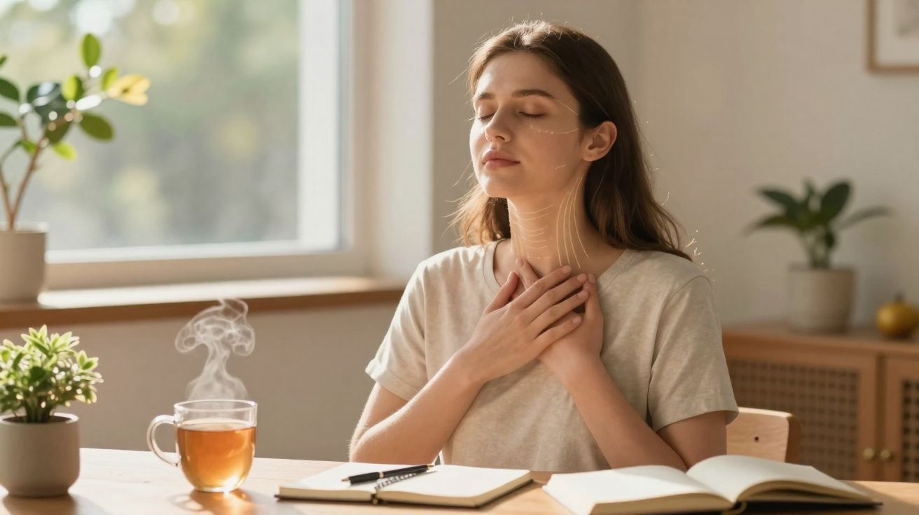 Jovem mulher meditando com mãos no peito perto de xícara de chá quente em ambiente iluminado.