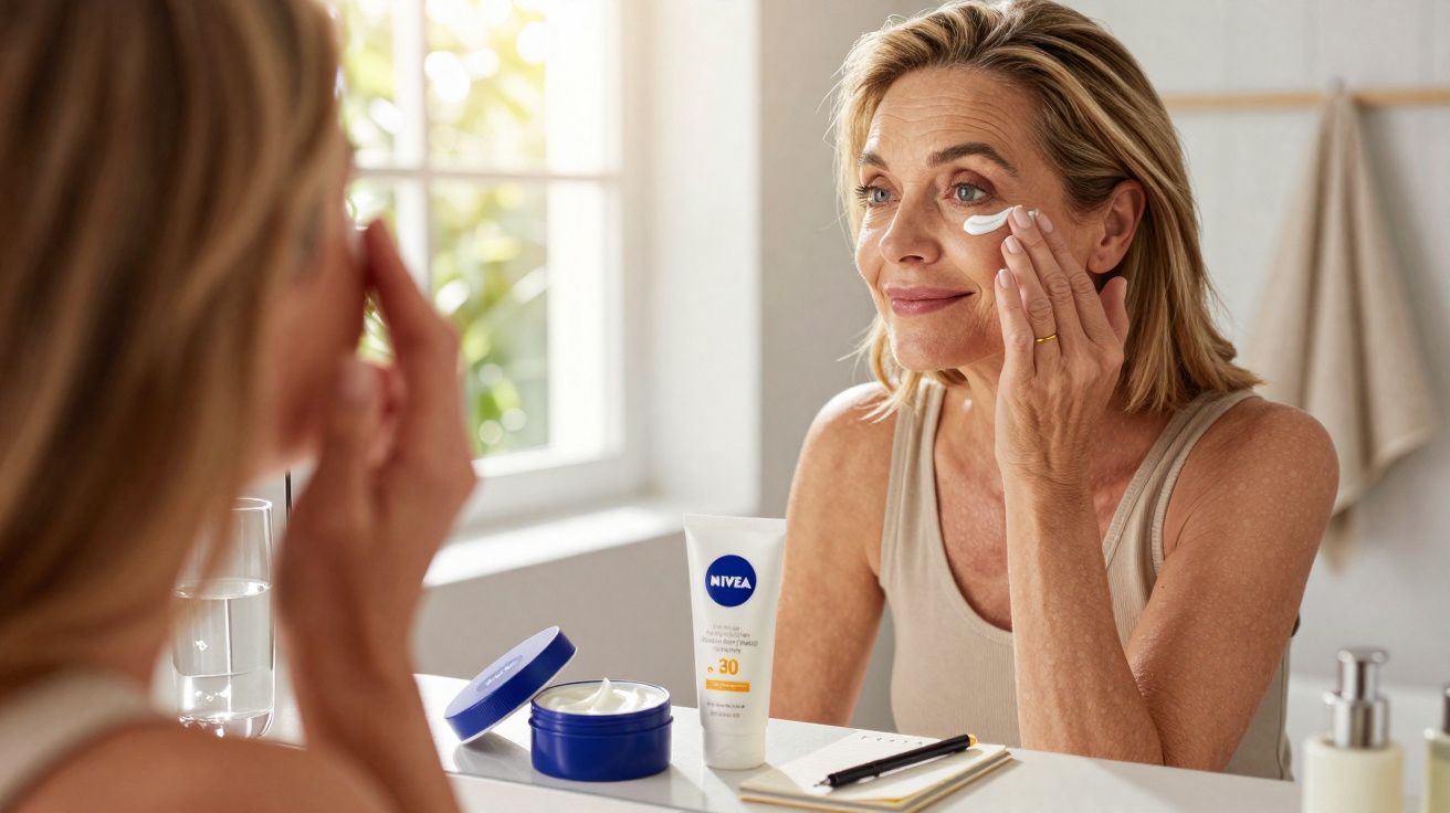 Mulher aplicando creme no rosto em frente ao espelho no banheiro, com produtos de pele ao lado.