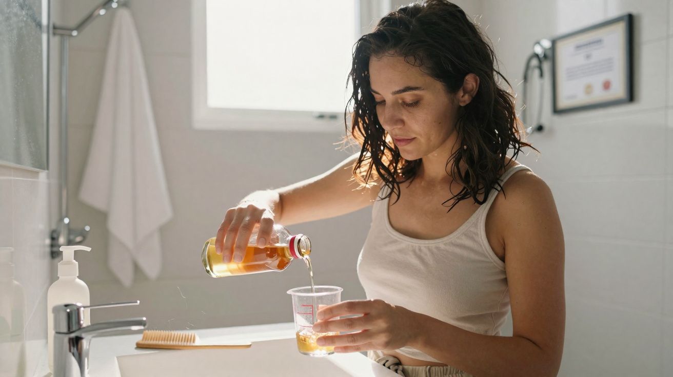 Mulher em banheiro despejando líquido de frasco para copo de plástico transparente.