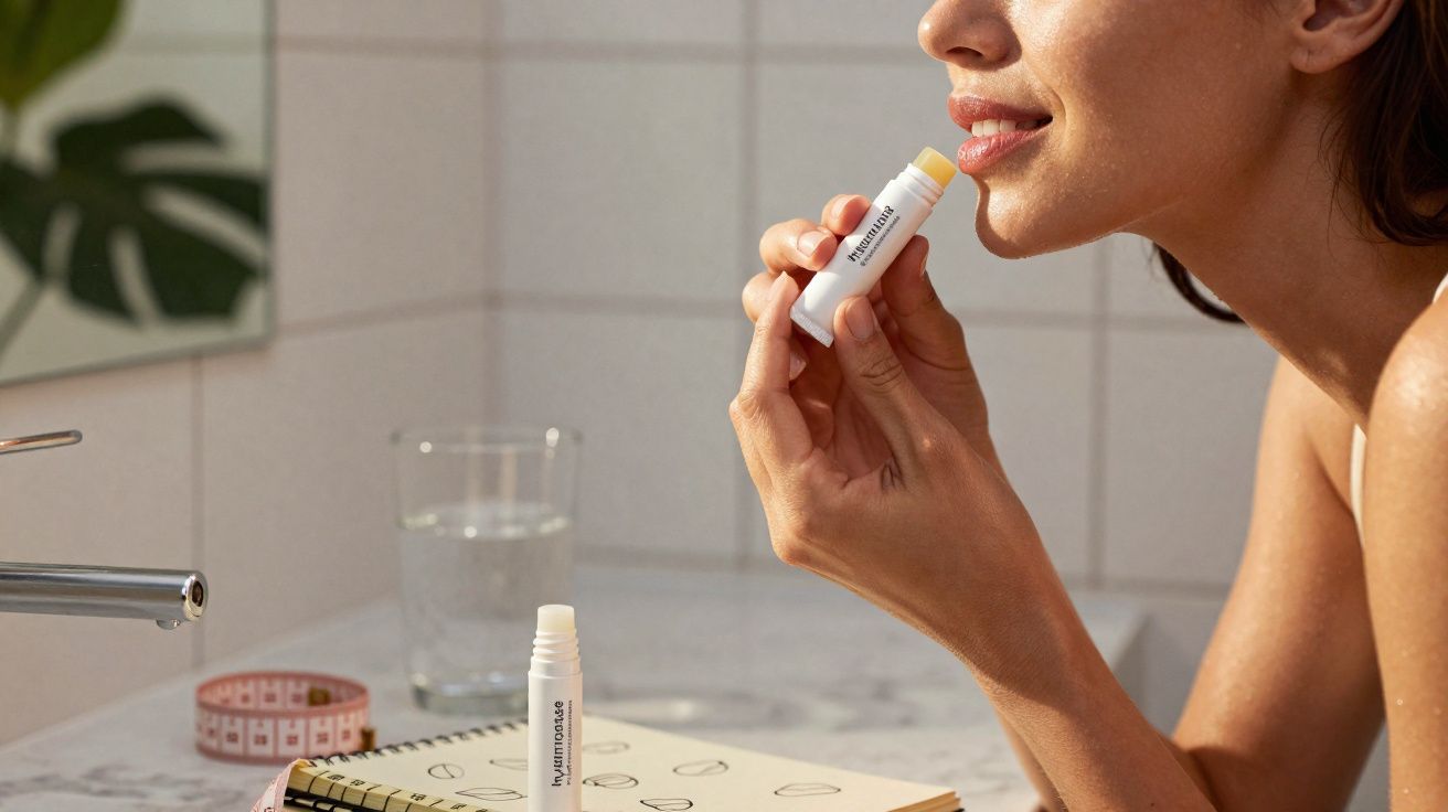 Mulher aplicando protetor labial em um banheiro com caderno e copo d'água sobre a bancada.