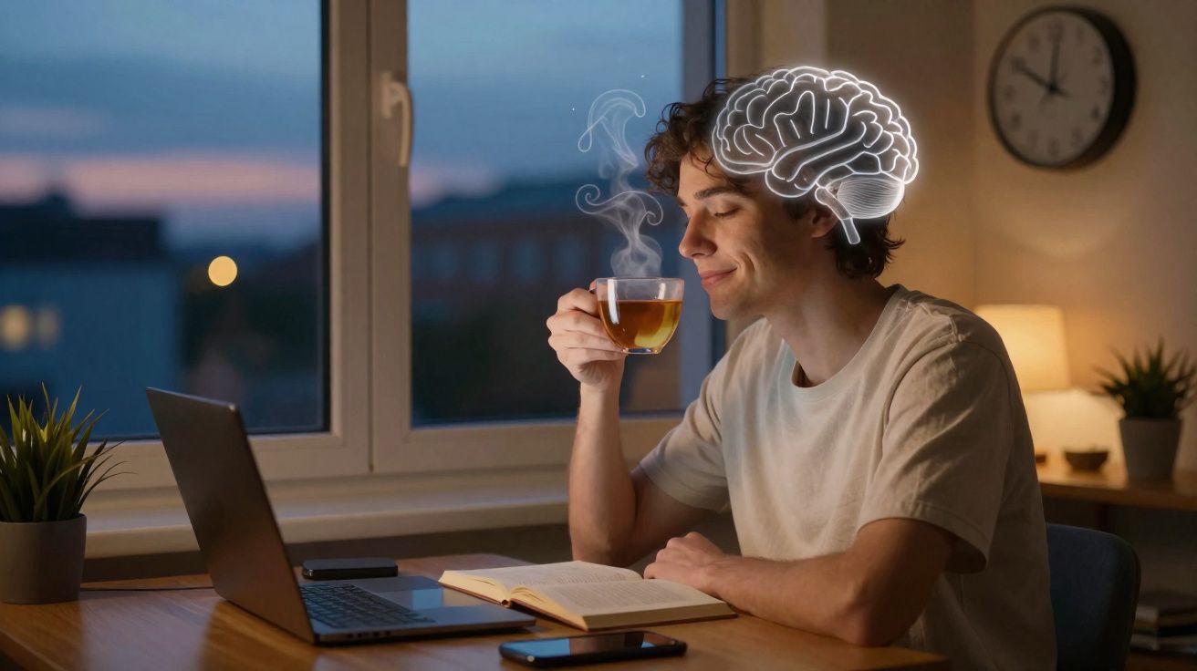 Jovem sentado na mesa com chá quente, laptop, livro aberto, janela ao fundo e desenho de cérebro iluminado.
