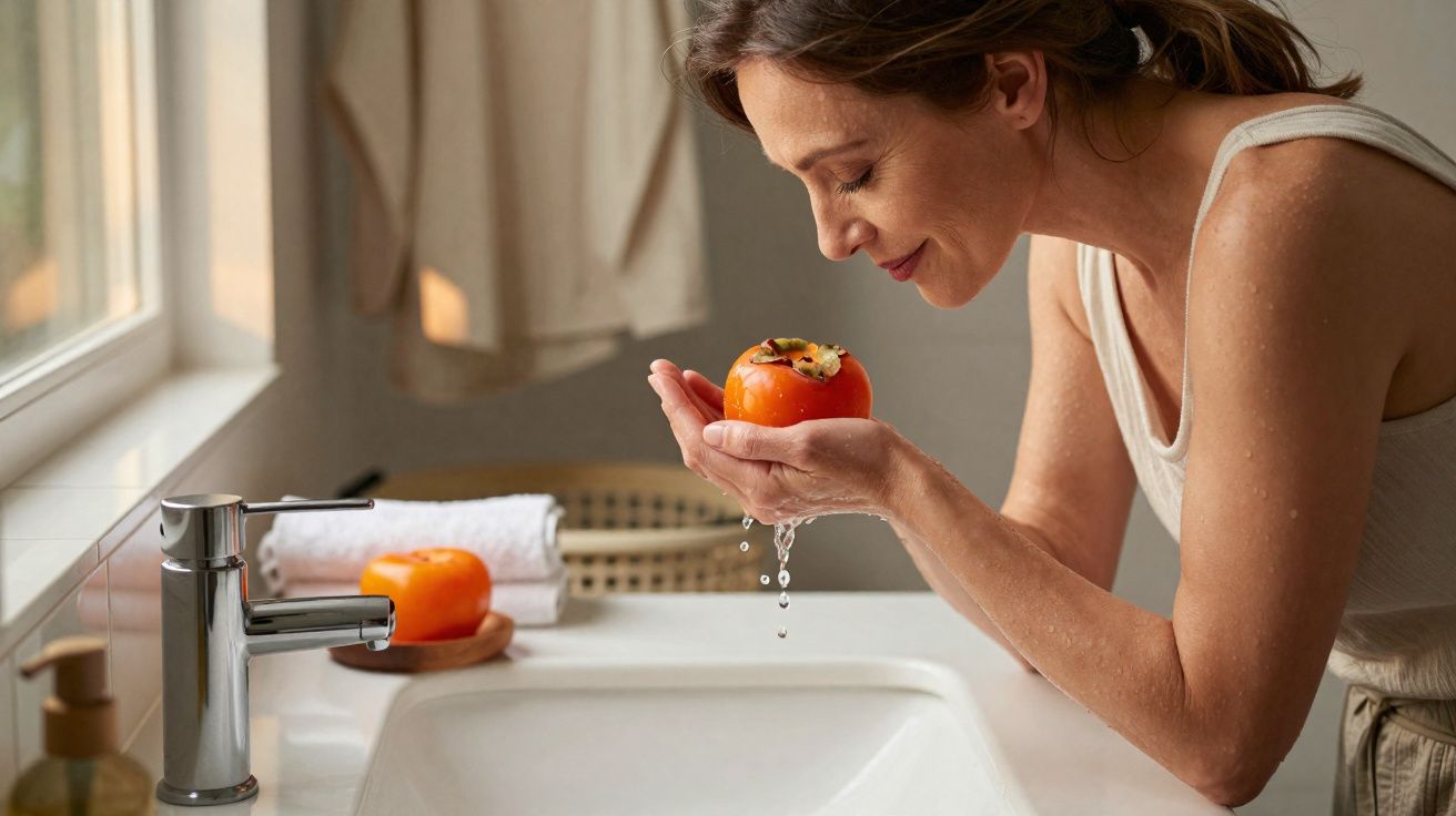 Mulher lavando fruta laranja no banheiro com luz natural entrando pela janela.