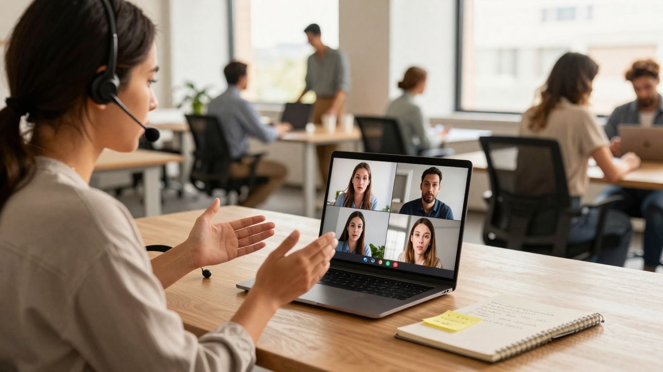 Mulher com fone de ouvido participa de reunião virtual em laptop em escritório moderno e colaborativo.