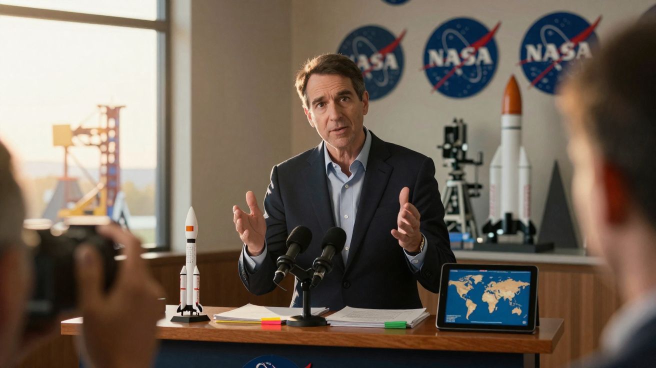 Homem em terno faz apresentação na NASA com modelos de foguetes e mapa mundial na tela ao fundo.