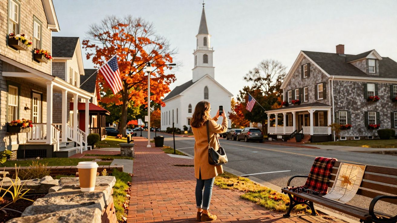 Mulher tirando foto de igreja branca em rua com casas tradicionais e árvores com folhas de outono.