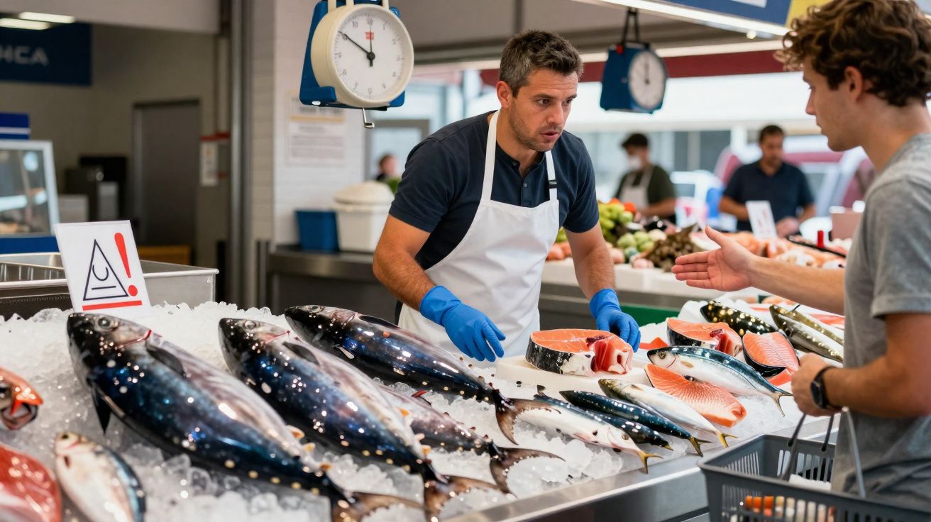 Vendedor de peixaria com avental e luvas azuis atende cliente ao lado de peixes frescos sobre gelo.