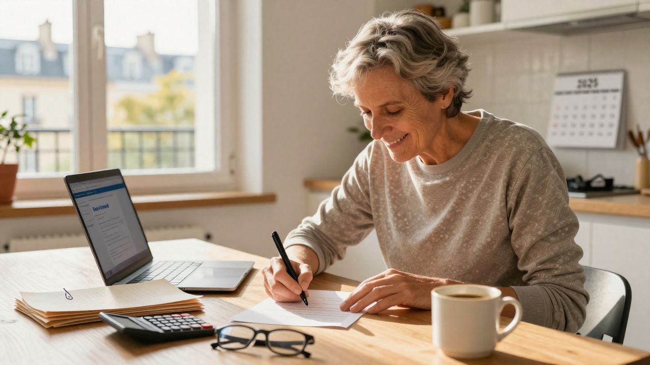 Mulher sorridente escrevendo em papel sentada à mesa com laptop, calculadora, óculos e xícara de café.