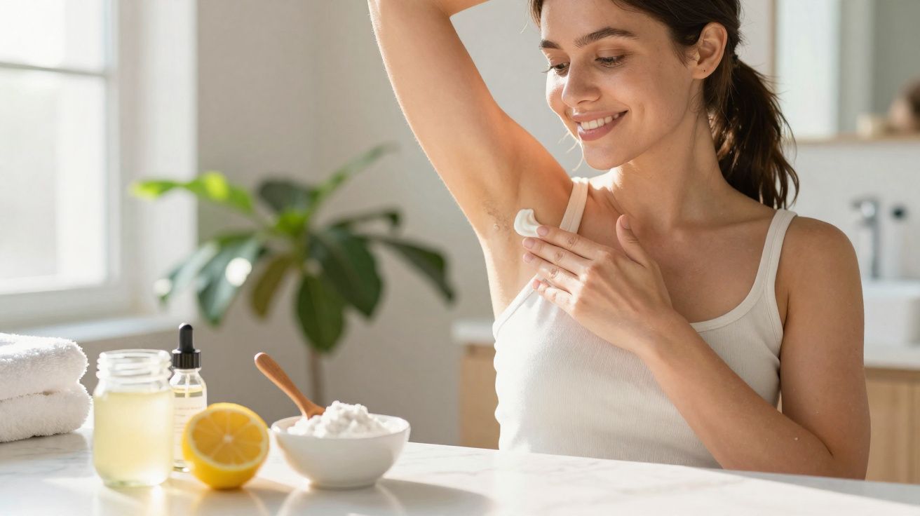 Mulher aplicando creme na axila, com ingredientes naturais, em ambiente iluminado e acolhedor.