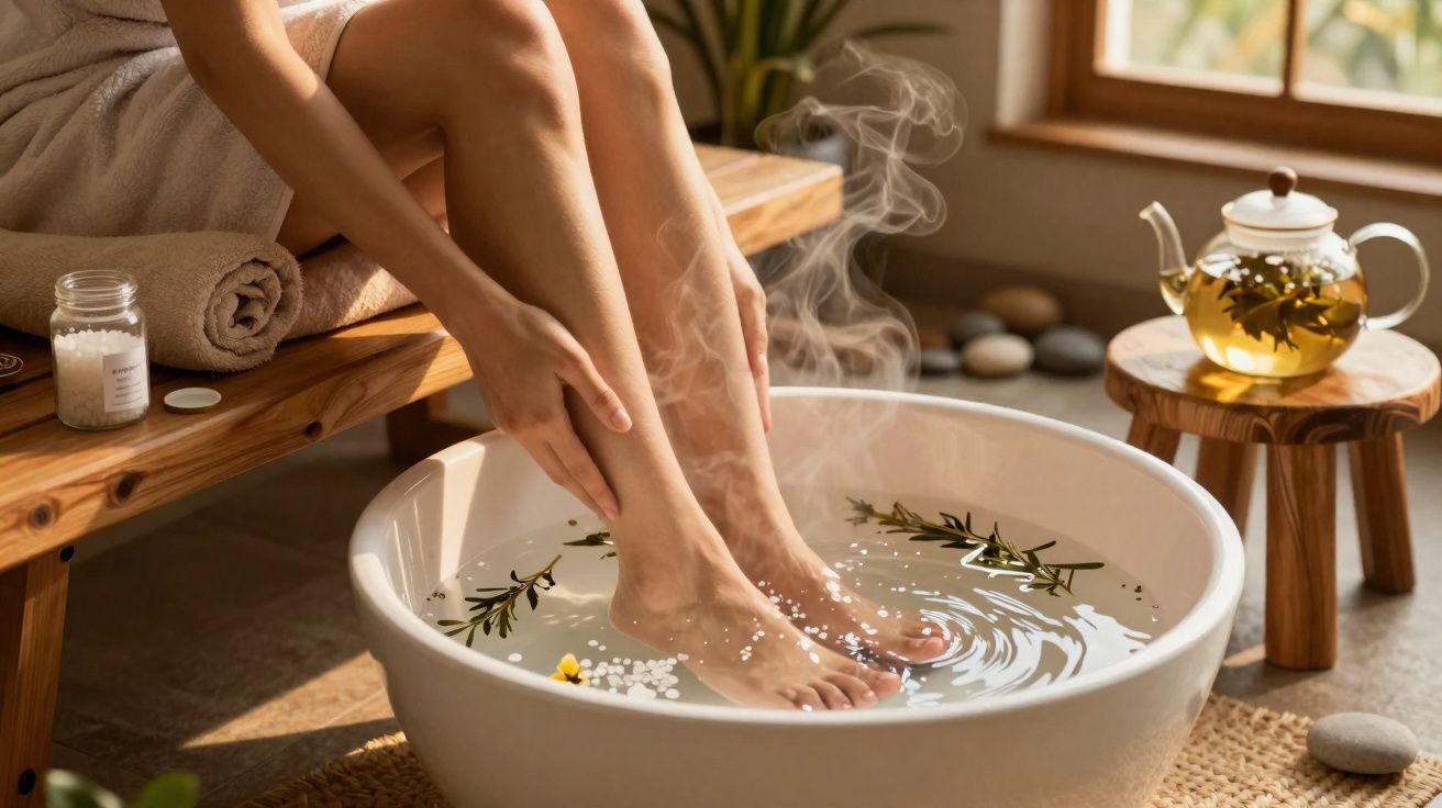 Pessoa com toalha nos ombros fazendo escalda-pés em bacia com água quente e temperos naturais.