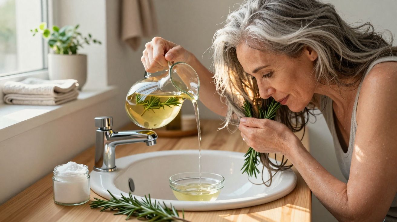 Mulher madura derramando infusão de ervas em tigela sobre pia, segurando ramo de alecrim para cheirar.