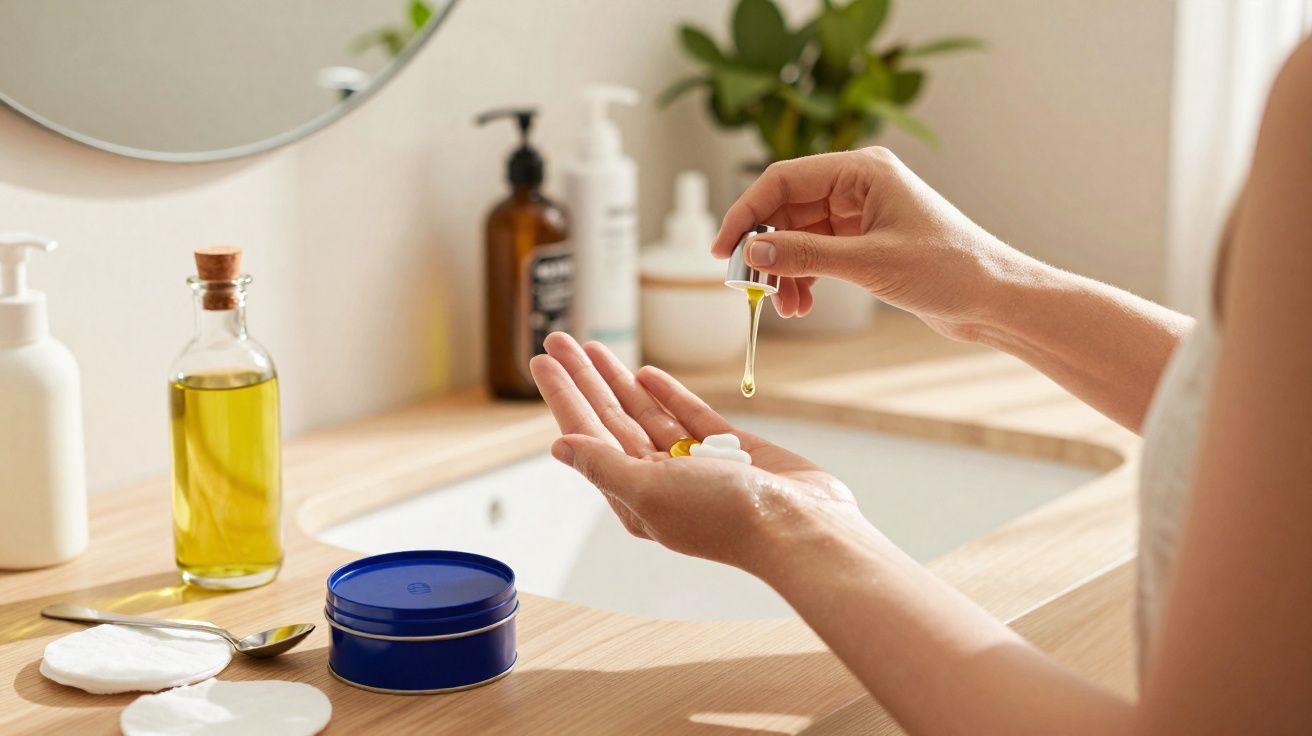 Pessoa aplicando óleo facial com conta-gotas na mão em bancada de banheiro com produtos de skincare.