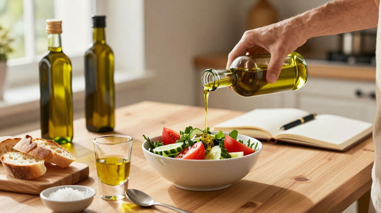Pessoa despejando azeite em salada com tomate, pepino e folhas em cozinha iluminada natural.