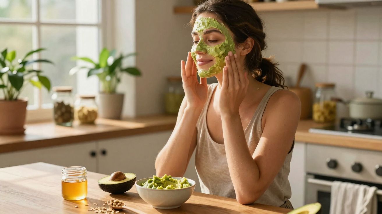 Mulher aplicando máscara facial de abacate na cozinha, com potes e mel sobre a mesa.