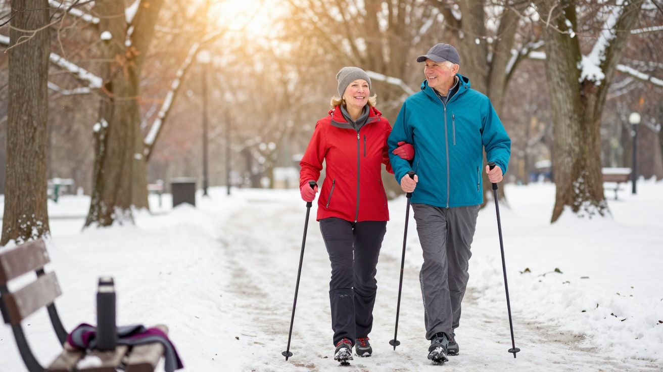 Casal de idosos caminhando com bastões em parque coberto de neve, sorrindo e aproveitando o inverno.