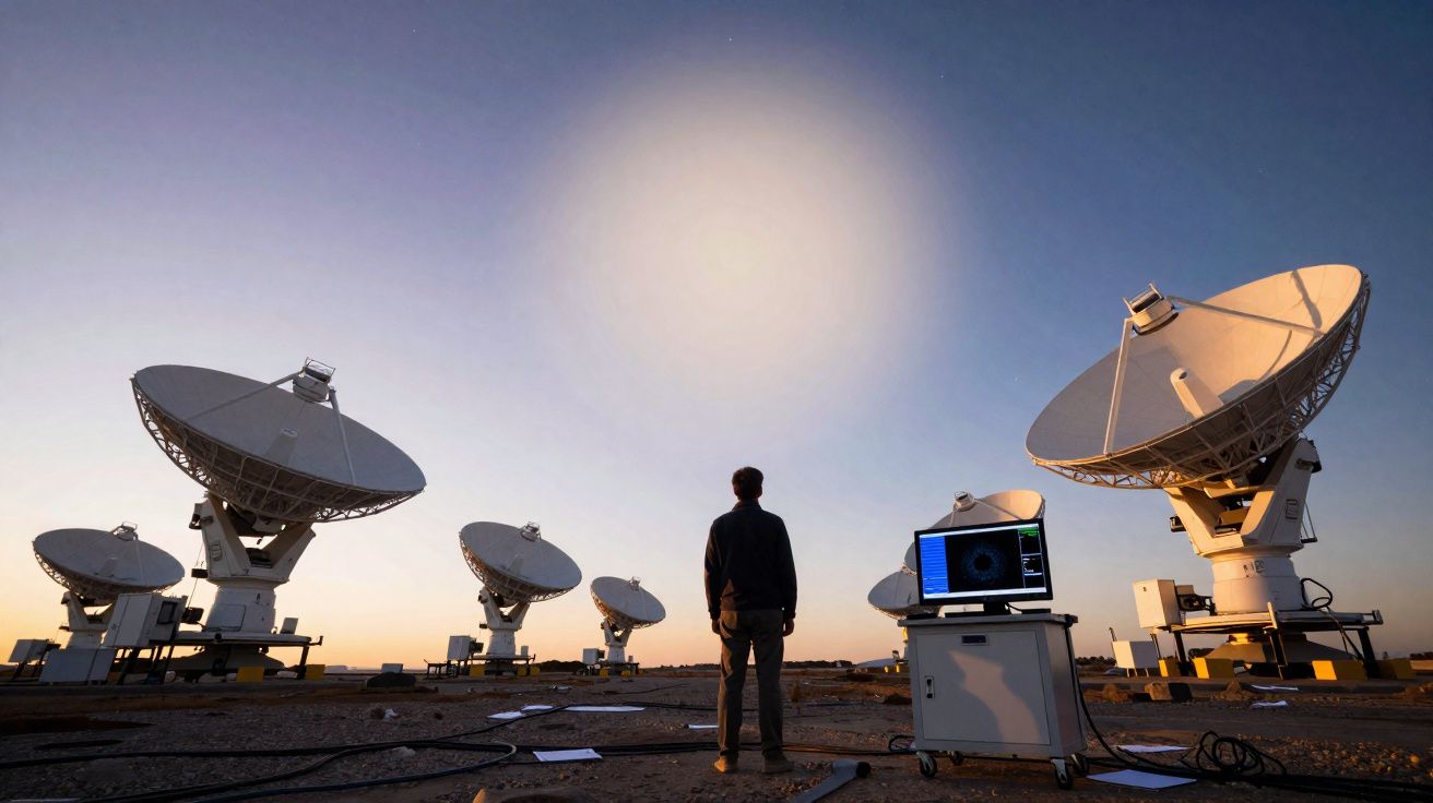 Pessoa observando antenas parabólicas grandes ao ar livre durante o pôr do sol em área desértica.