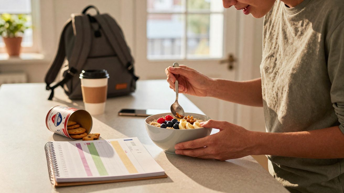 Pessoa comendo tigela de frutas e aveia na cozinha, ao lado de caderno, cookie e café para viagem.