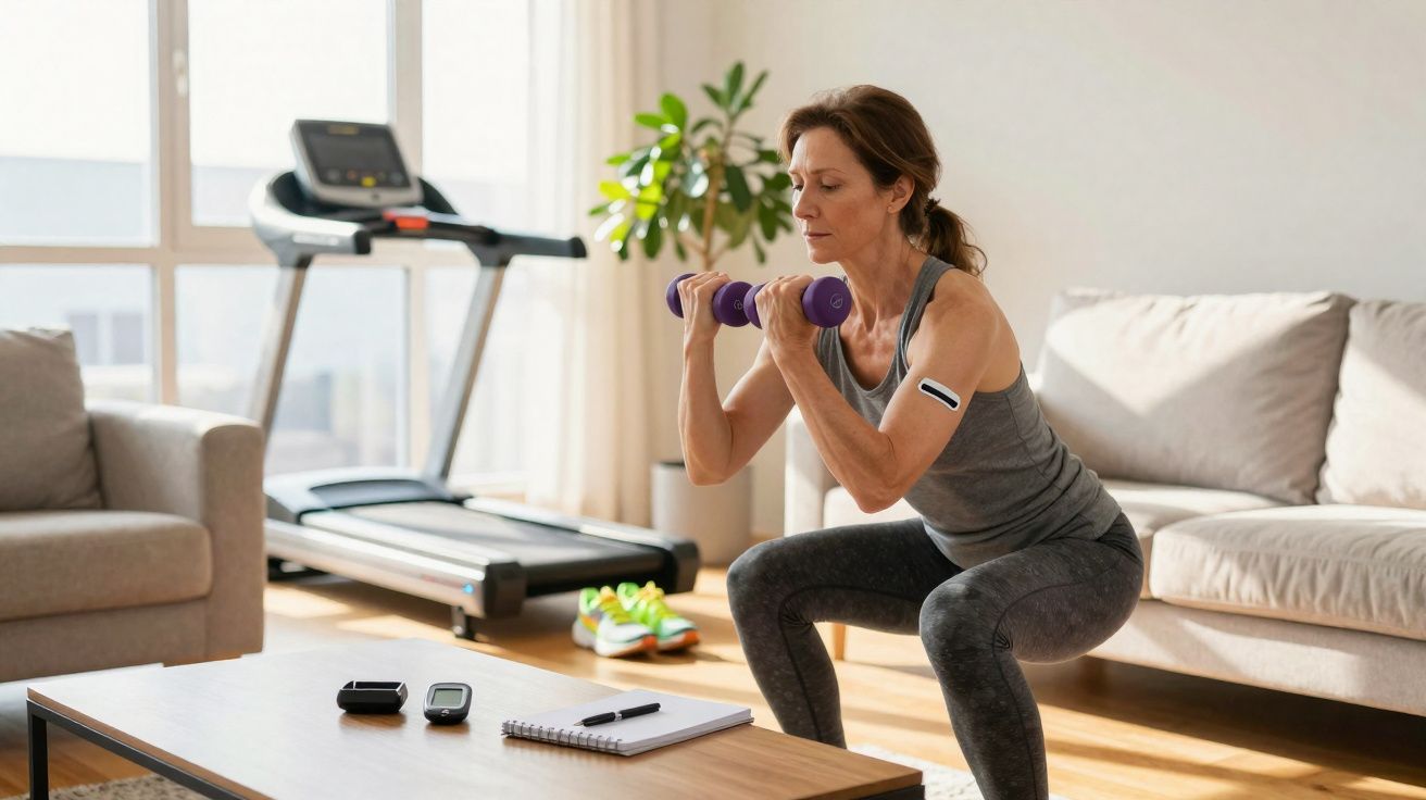 Mulher fazendo exercício com halteres na sala de casa, com esteira e sofá ao fundo.