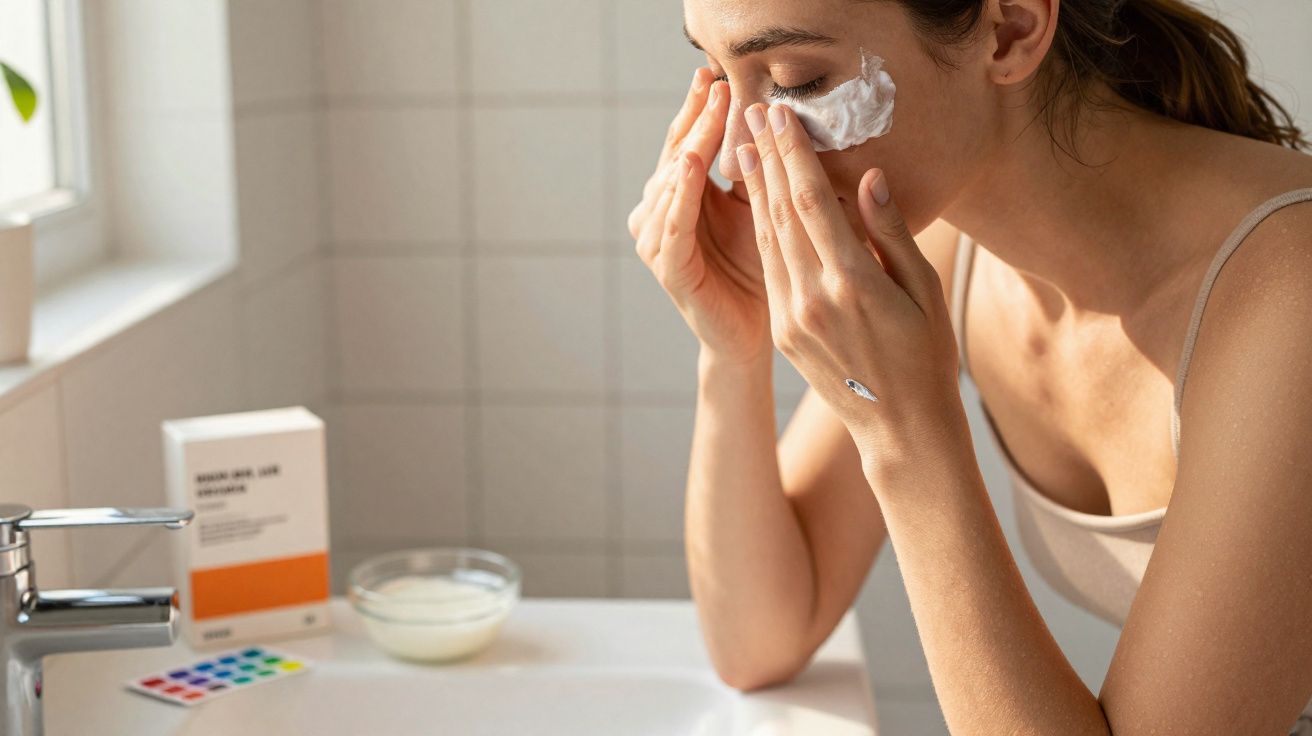 Mulher aplicando creme facial branco no rosto em banheiro iluminado por luz natural.