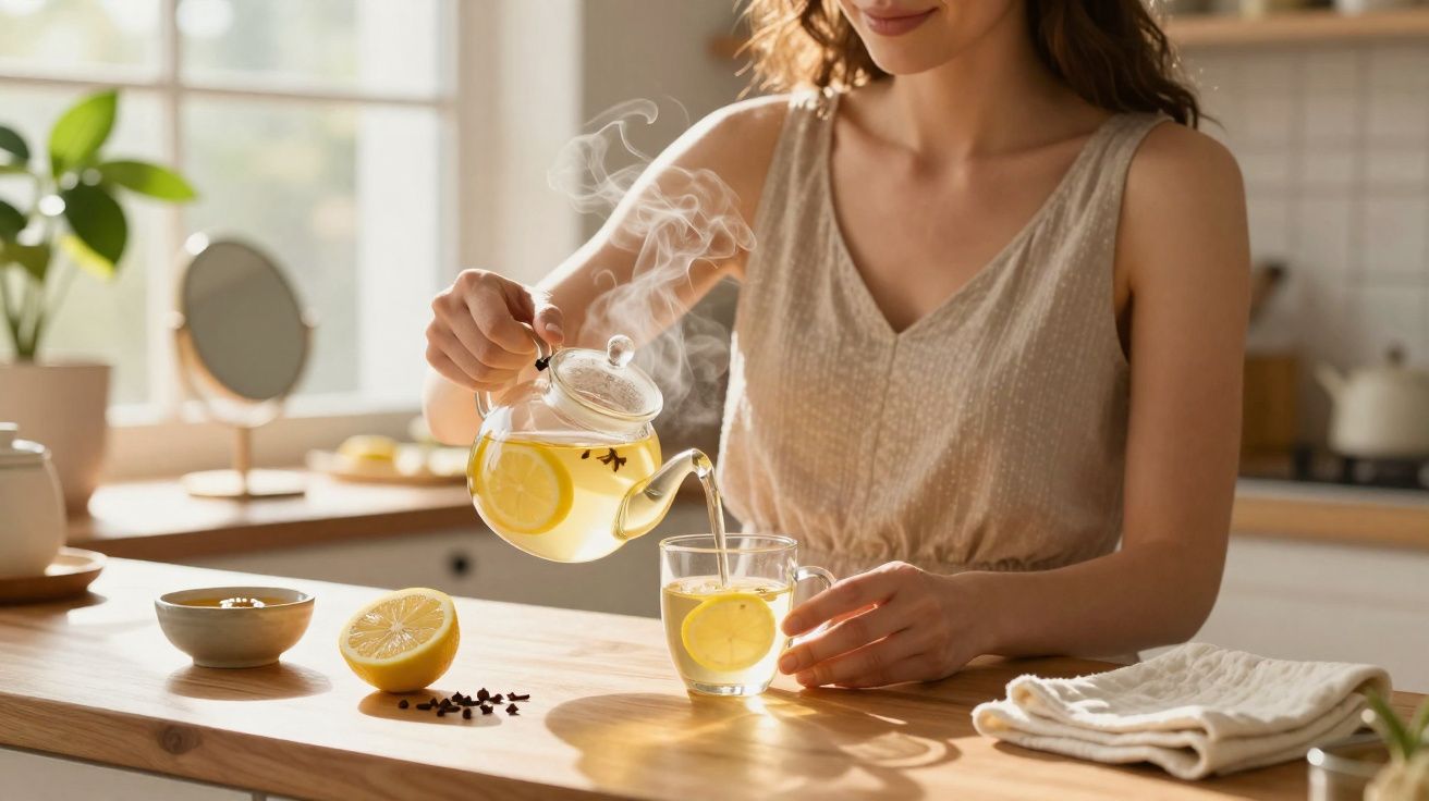 Mulher derramando chá quente com limão em copo em cozinha iluminada natural e ambiente acolhedor.