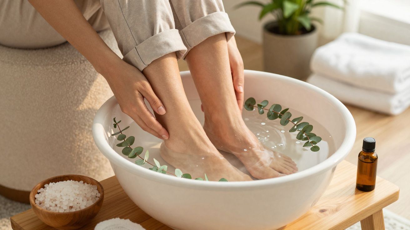 Pessoa relaxando com os pés em uma bacia branca com água e folhas de eucalipto, ao lado de sais de banho.