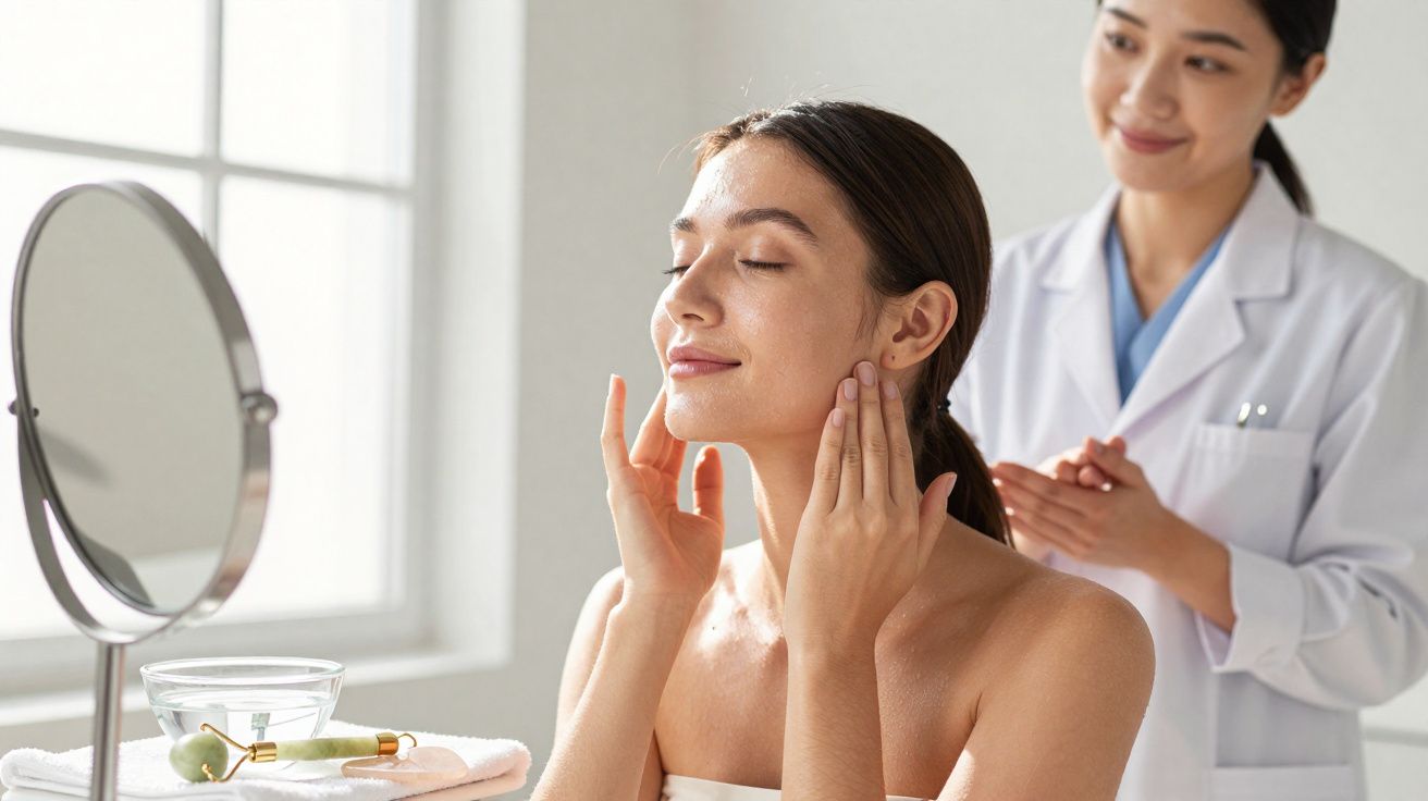 Mulher aplicando creme facial com médica observando em ambiente claro de clínica estética.