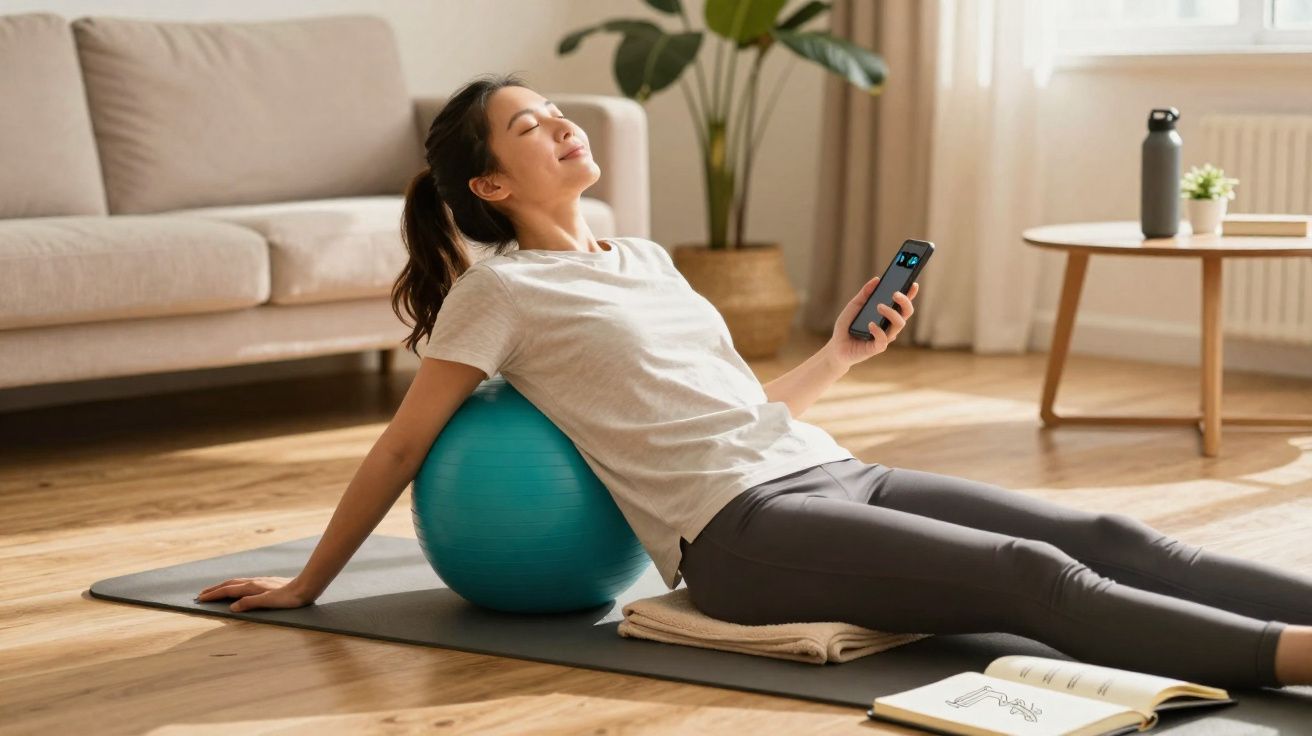 Mulher relaxando com bola de exercício azul e controle remoto em tapete no chão da sala.