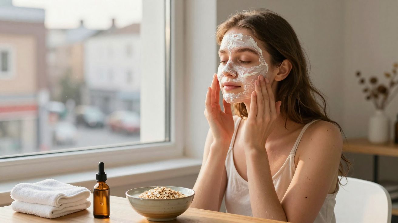Mulher aplicando máscara facial de creme sentada perto da janela com toalhas e pote de aveia à frente.