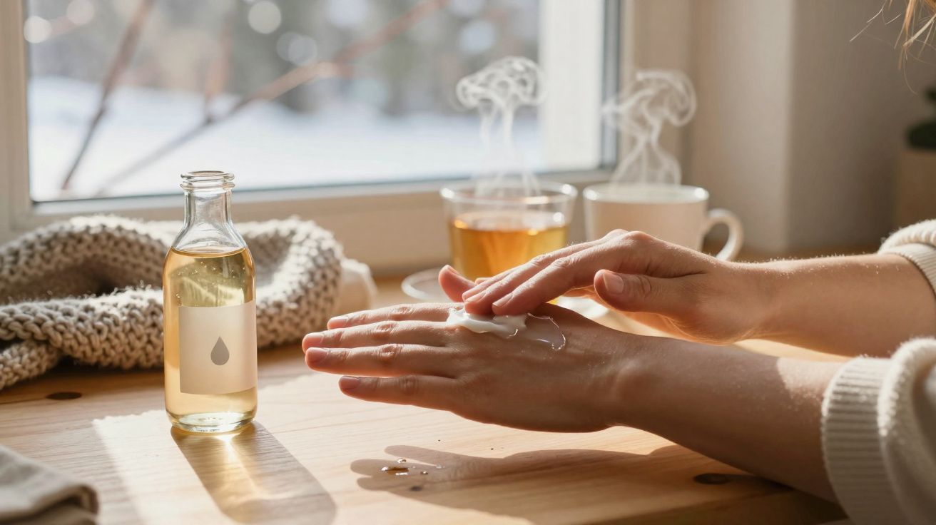 Mãos femininas aplicando óleo hidratante em mesa com chá quente e manta ao fundo em ambiente iluminado.