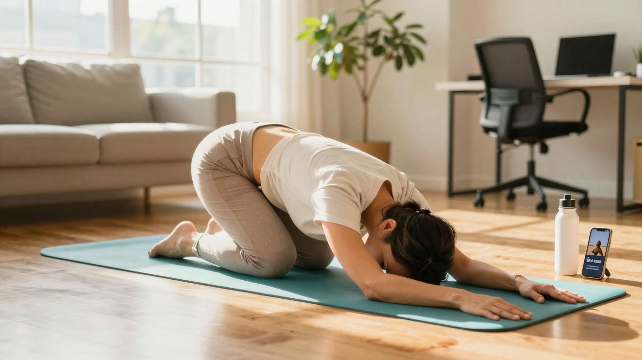 Mulher fazendo alongamento de yoga no tapete na sala com celular, garrafa d'água e sofá ao fundo.