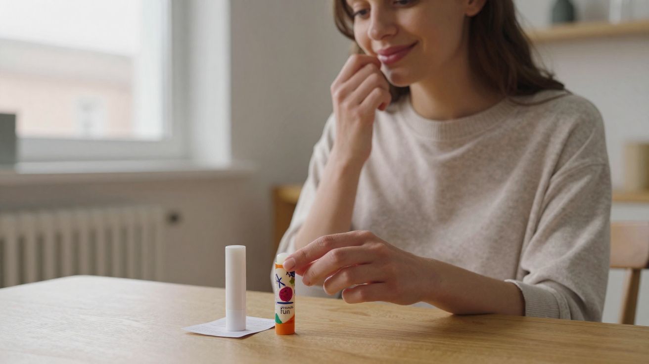 Mulher sorrindo segurando bastão de protetor labial colorido numa mesa de madeira.