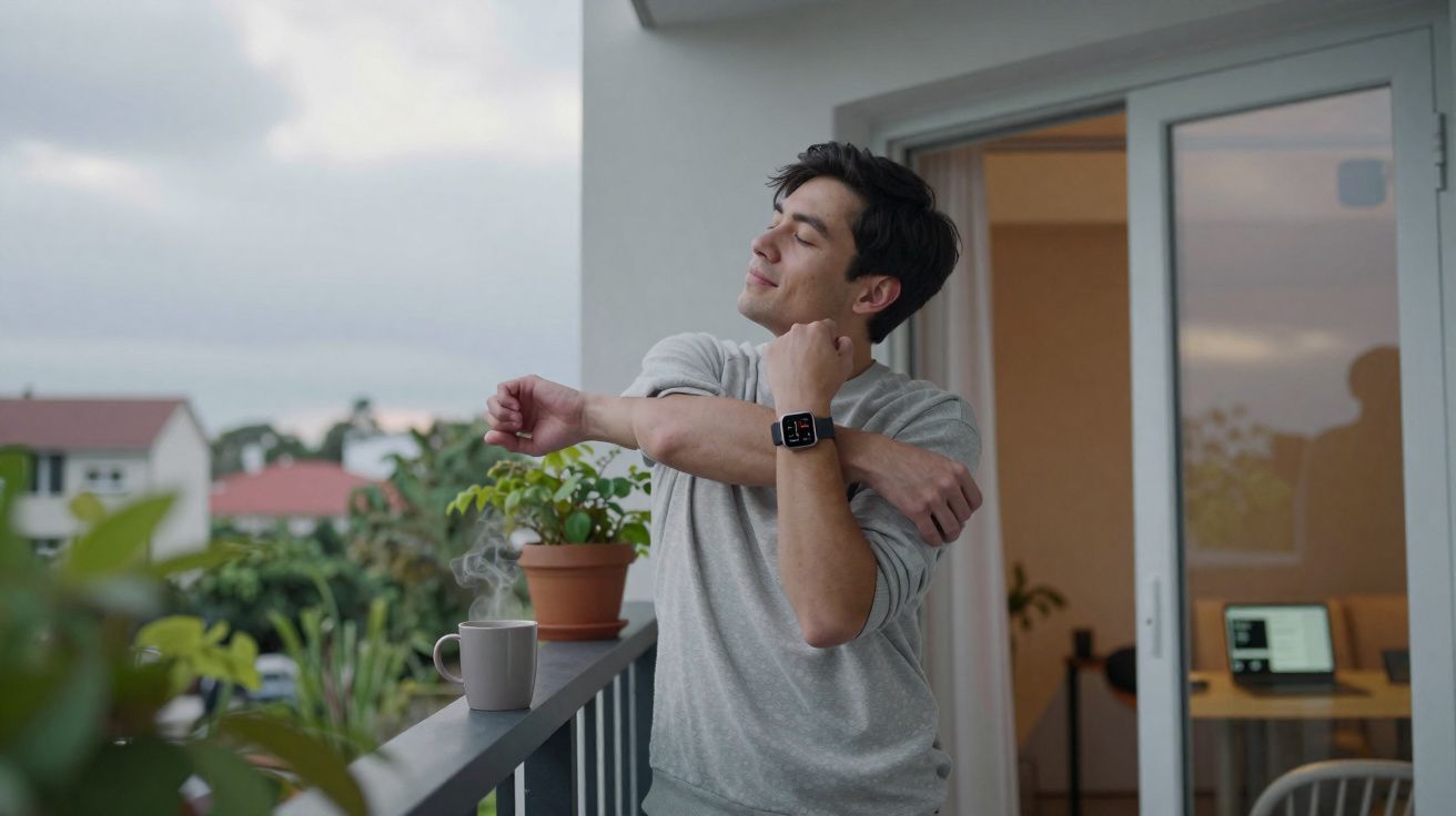 Homem fazendo alongamento no braço na varanda com plantas e uma xícara fumegante ao lado.