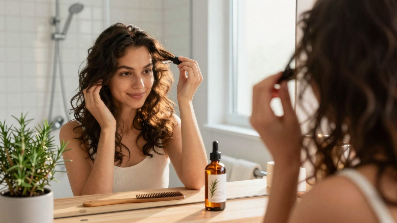 Mulher aplicando óleo capilar, olhando no espelho em banheiro iluminado, com planta e pente na bancada.