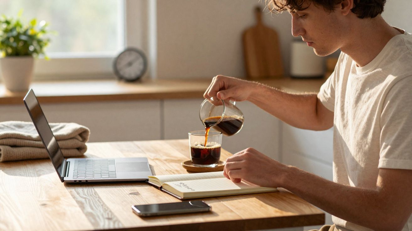 Jovem sentado à mesa em cozinha, despejando café em copo, com laptop, celular e caderno aberto.