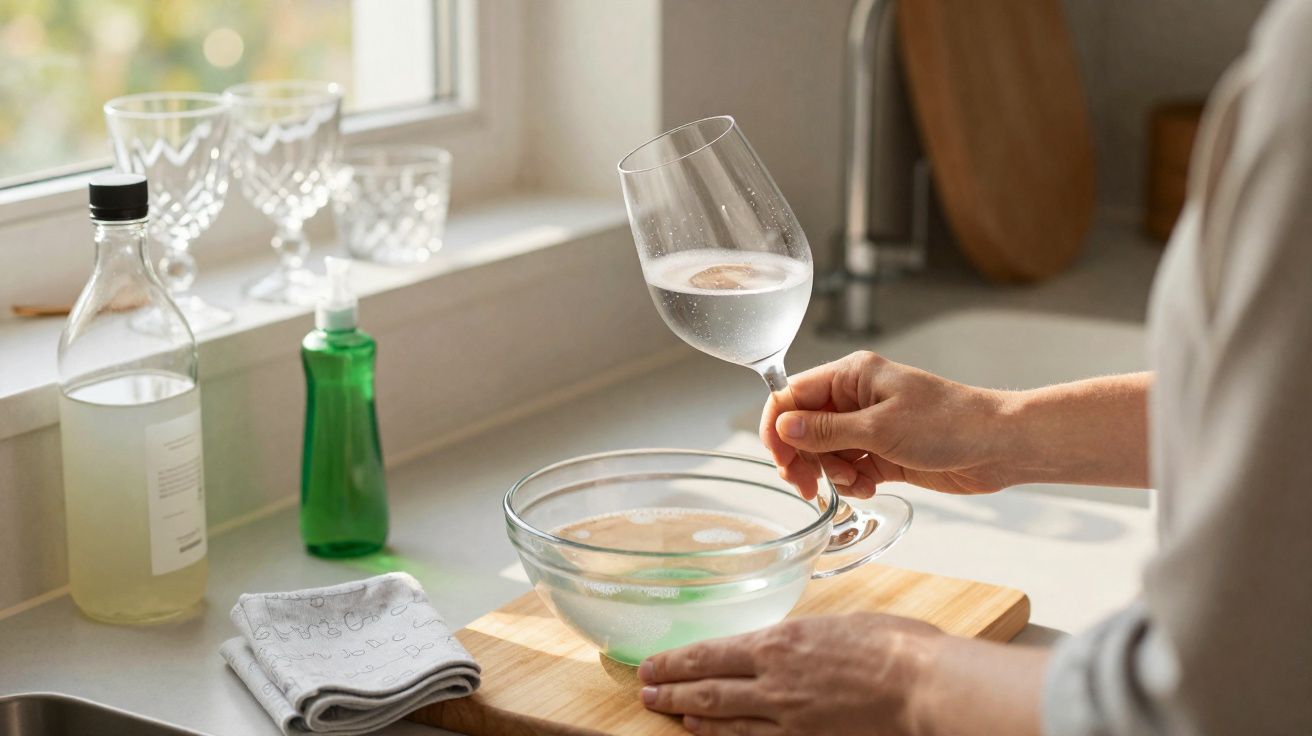Pessoa lavando taça de vinho em pia com detergente ao lado e luz natural pela janela.