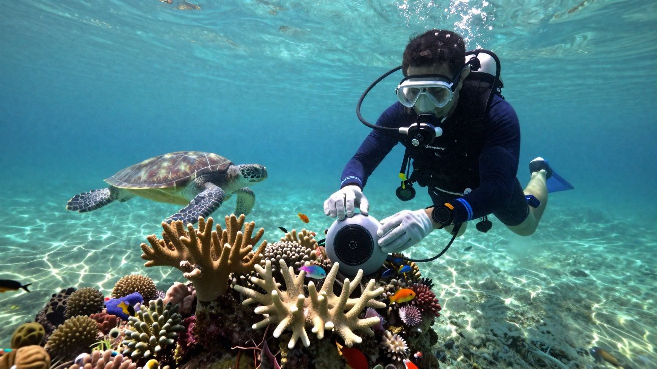Mergulhador com equipamento fotográfico próximo a corais e tartaruga marinha no fundo do mar cristalino.