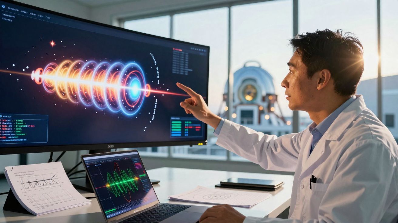 Cientista em laboratório analisa gráficos e modelo digital complexo exibido em tela de computador grande.