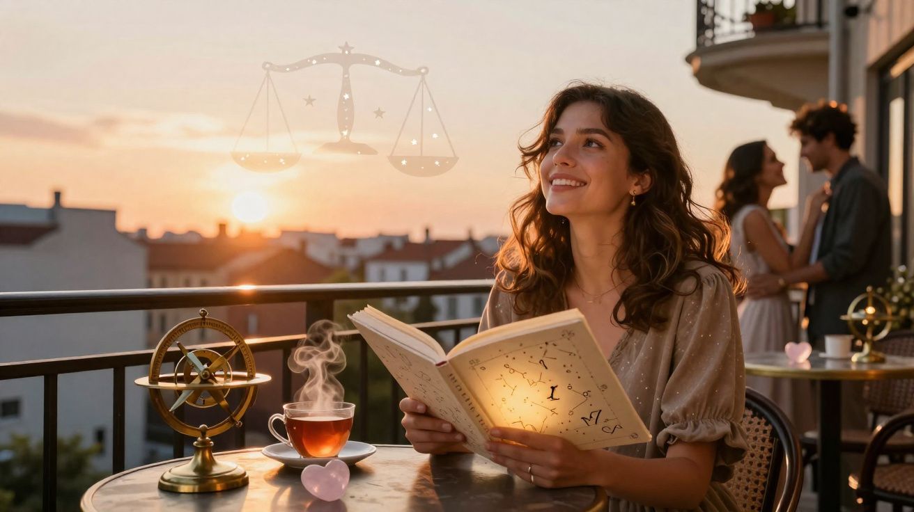 Mulher sorridente lendo livro em varanda ao pôr do sol com xícara de chá e decoração de signos.
