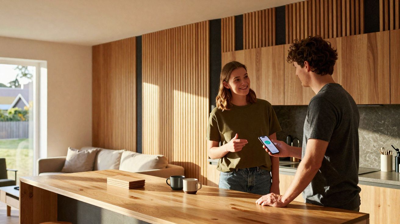 Casal jovem conversando em cozinha moderna com bancada de madeira e luz natural entrando pela janela.