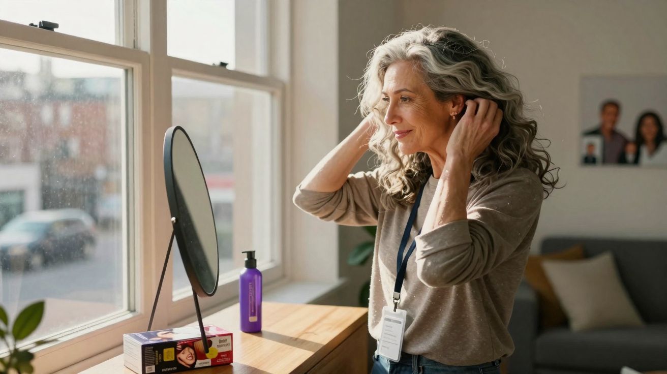 Mulher madura com cabelo grisalho arrumando os cabelos em frente a espelho perto da janela.