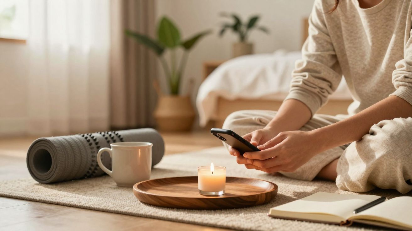 Pessoa sentada no chão com celular, vela acesa, caderno aberto, caneca e tapete de ioga ao fundo.