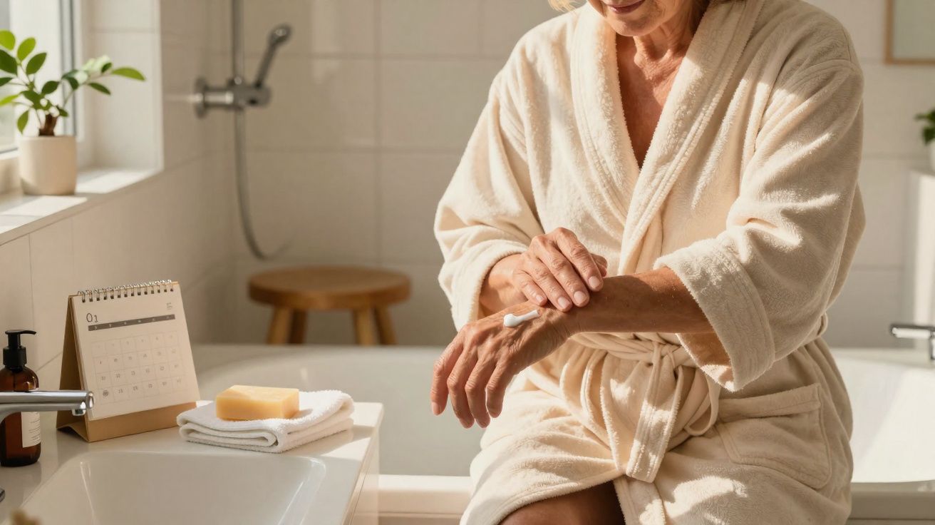 Mulher de roupão branco aplicando creme nas mãos em banheiro com banheira ao fundo.