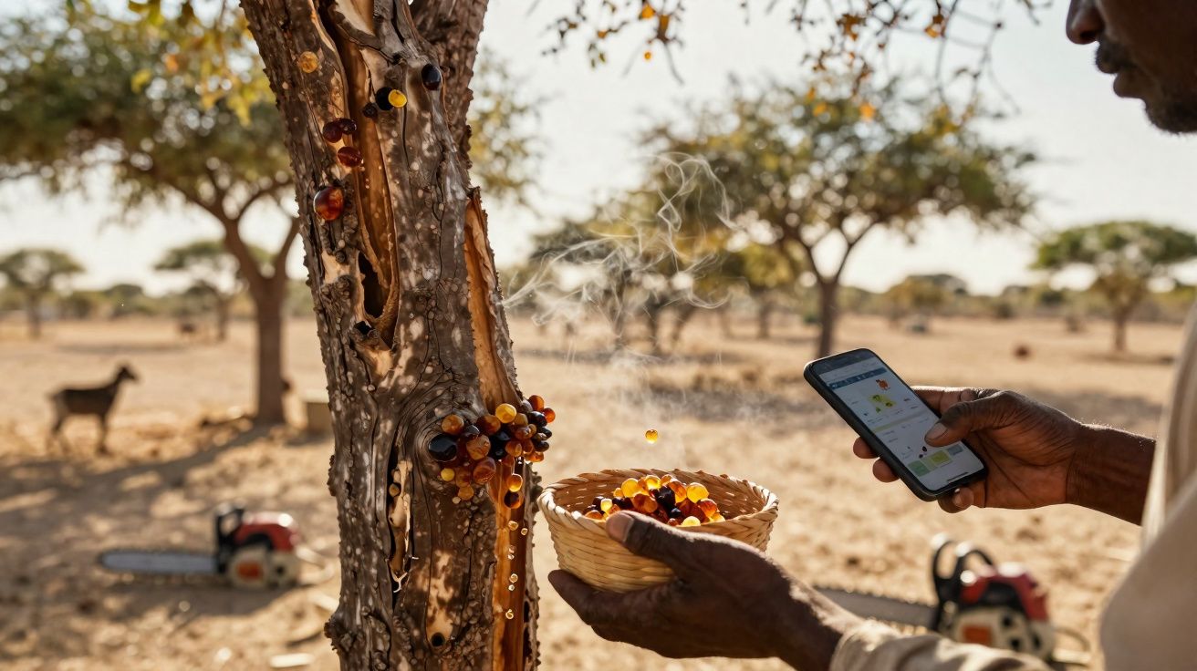 Mãos seguram cesto com goma-resina brilhante retirada de árvore seca em área rural com motosserras ao fundo.