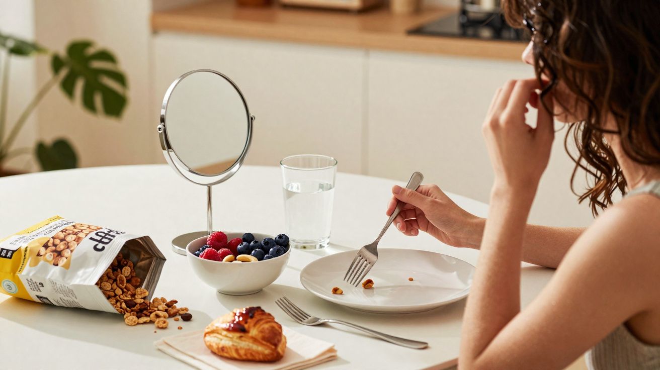 Mulher comendo cereal à mesa com frutas, água, espelho e folhado em ambiente de cozinha.