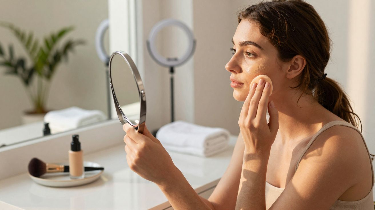 Mulher aplicando base facial com esponja, olhando no espelho de mão em penteadeira iluminada.