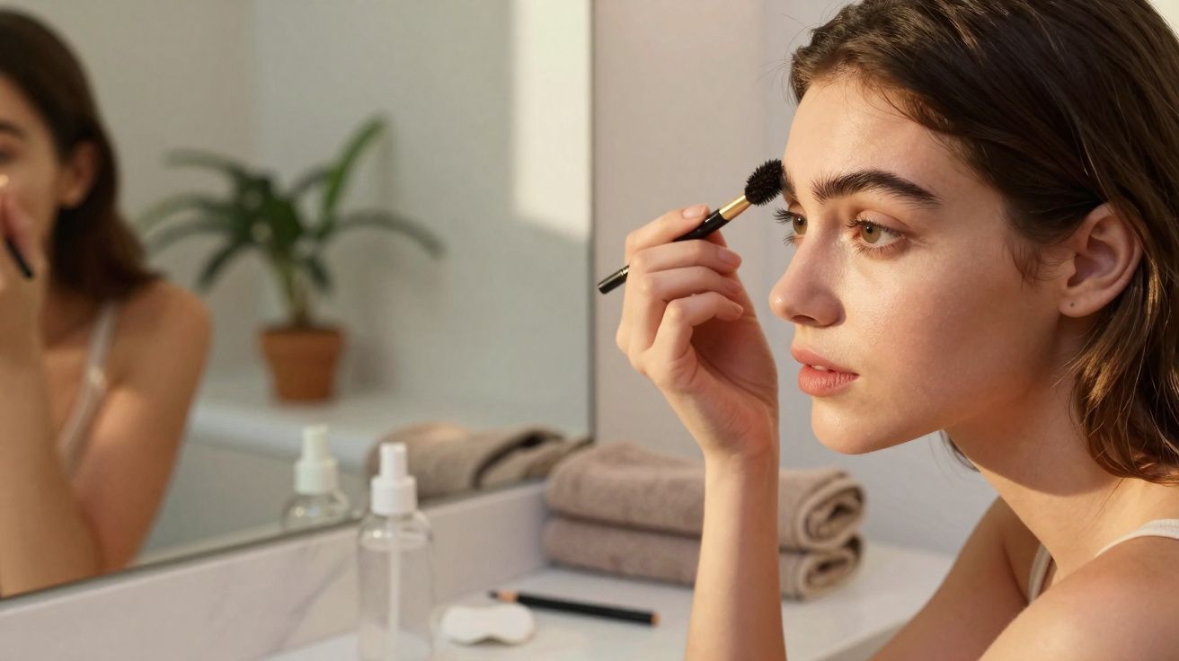 Mulher aplica maquiagem nas sobrancelhas em frente ao espelho em banheiro com toalhas e planta ao fundo.