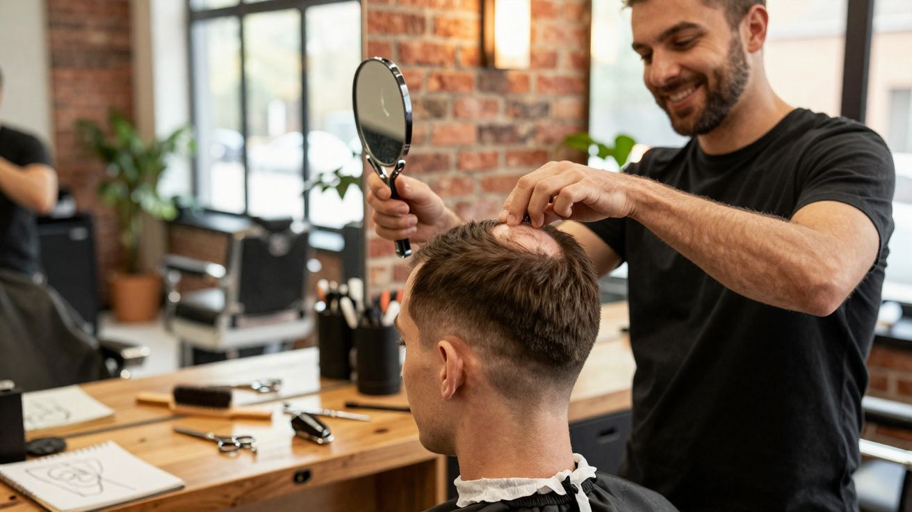 Homem sorridente inspecionando corte de cabelo de cliente com espelho em salão moderno.