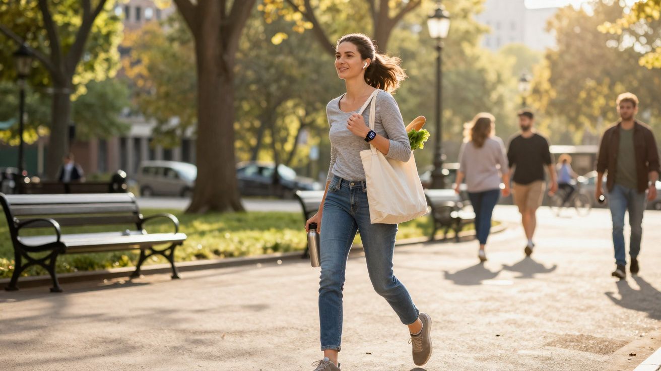 Mulher caminhando no parque ao pôr do sol, carregando sacola com alimentos e usando fones de ouvido.