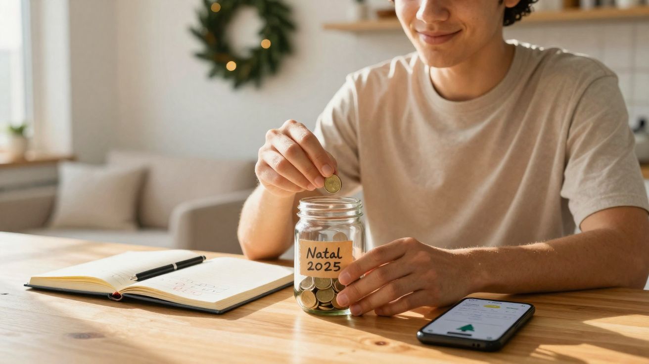 Pessoa jovem guardando moedas em um pote etiquetado "Natal 2025" com caderno e celular na mesa.