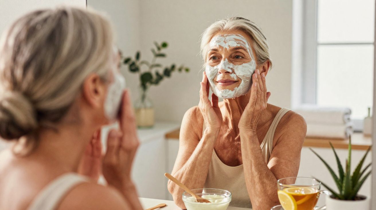 Mulher madura aplicando máscara facial branca, olhando no espelho, em ambiente iluminado e aconchegante.